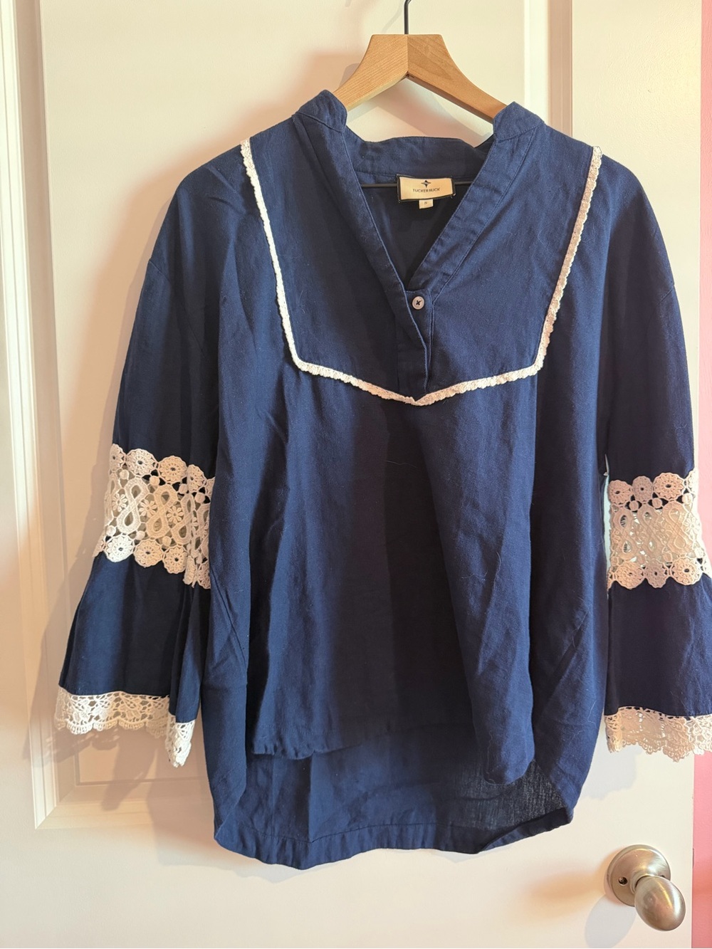 Tuckernuck Navy Peasant Top with White Lace Trim - Kids